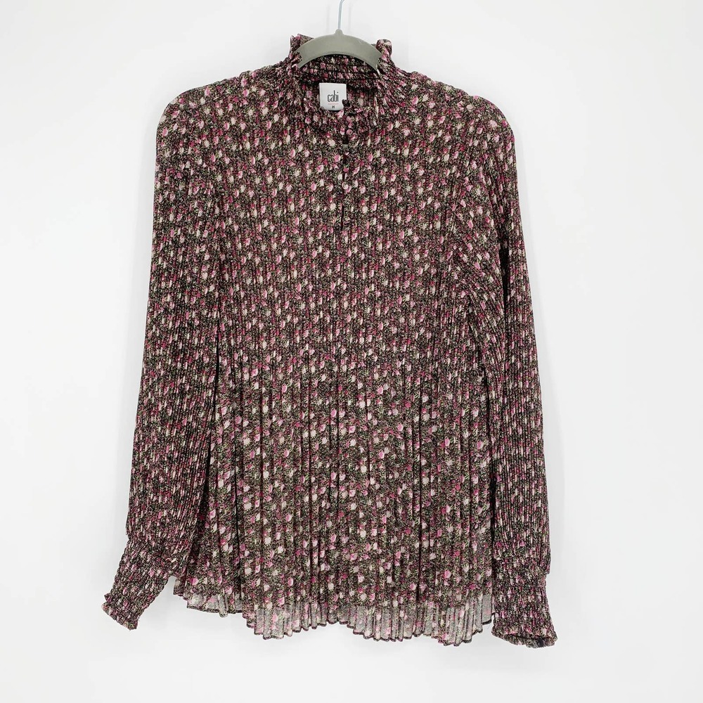 CAbi | Knife Pleat High Neck Floral Semi-Sheer Blouse, M